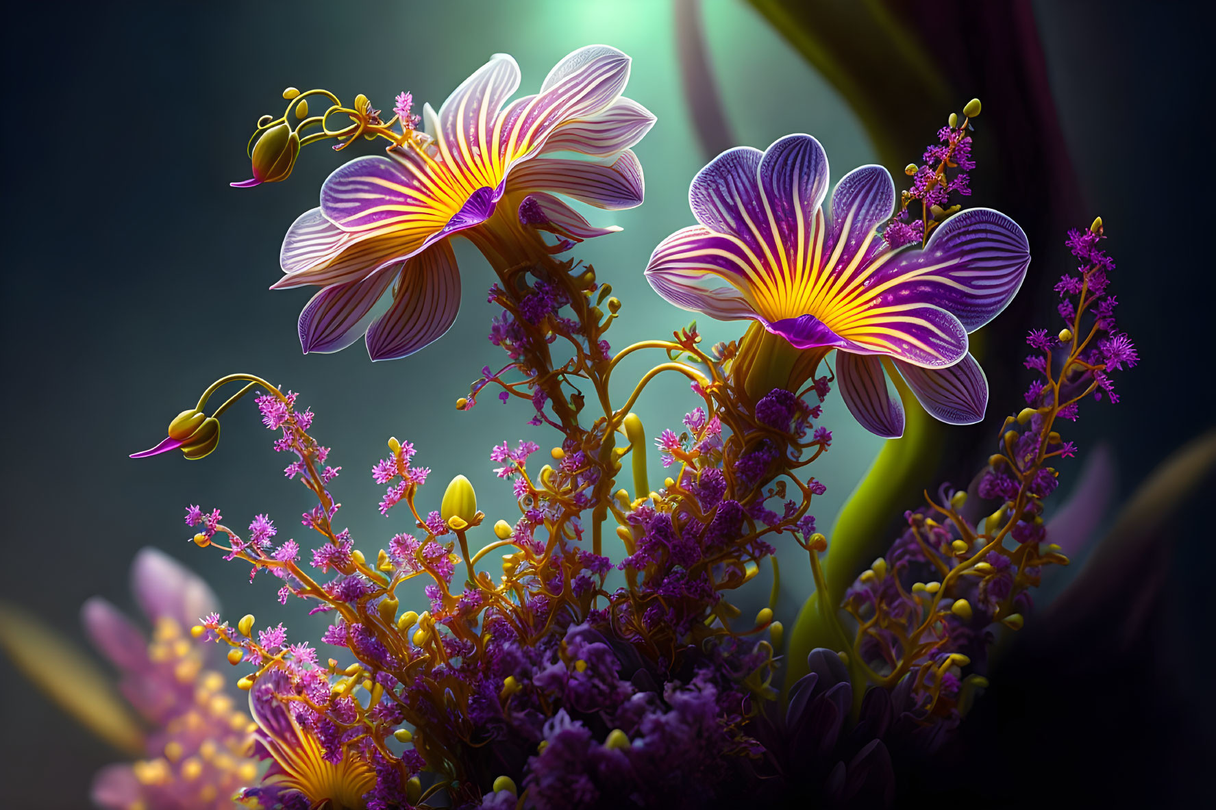 Striped Purple and Yellow Flowers with Dark Background