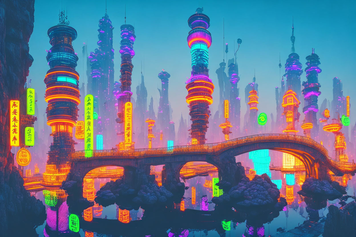 Futuristic cityscape with neon-lit skyscrapers and arched bridge at dusk