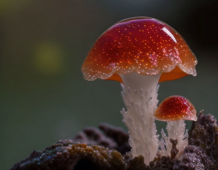 Shiny red-capped mushrooms on dark background