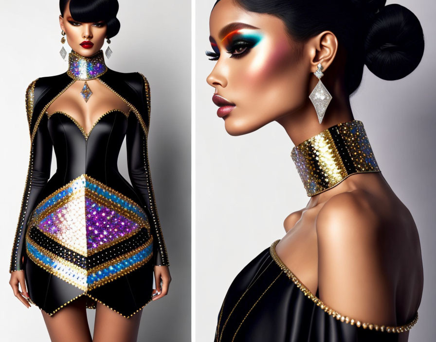 Colorful rhinestone accents on a woman in futuristic black bodysuit