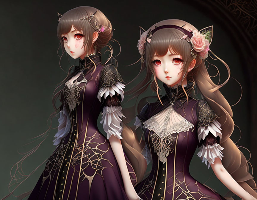 Anime-style female characters in ornate gothic purple dresses with brown hair