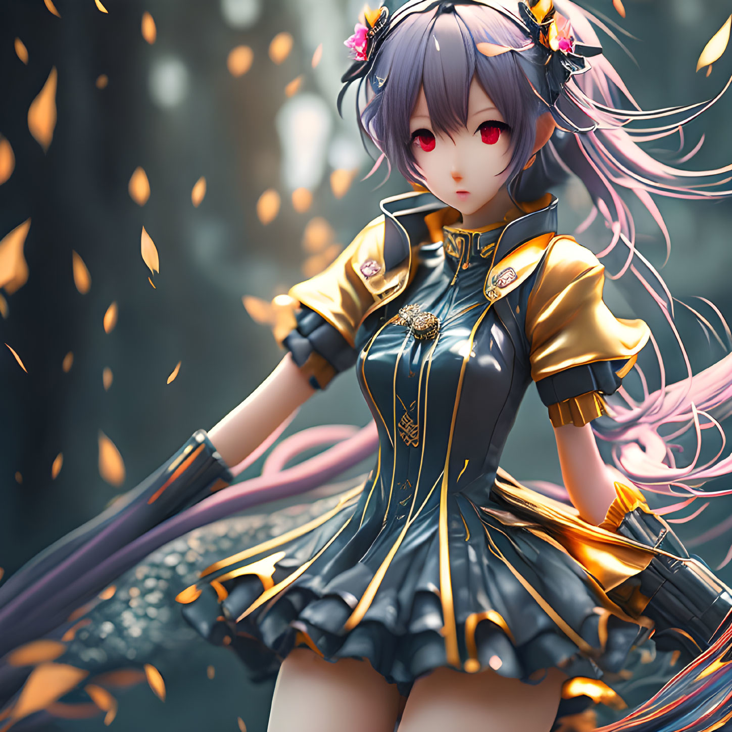 Purple-haired animated character in yellow-black outfit with pink accents and golden leaves.