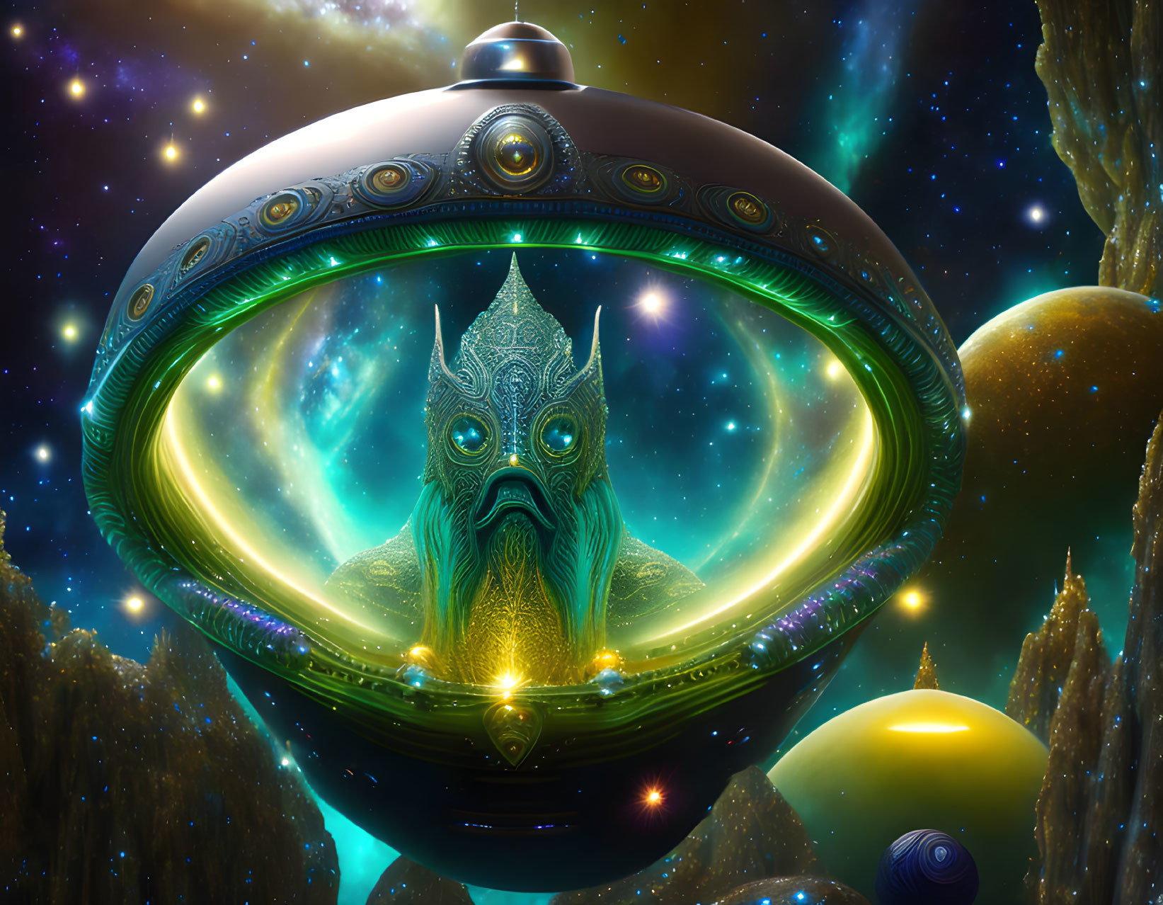 Golden-masked alien in circular spaceship with celestial backdrop
