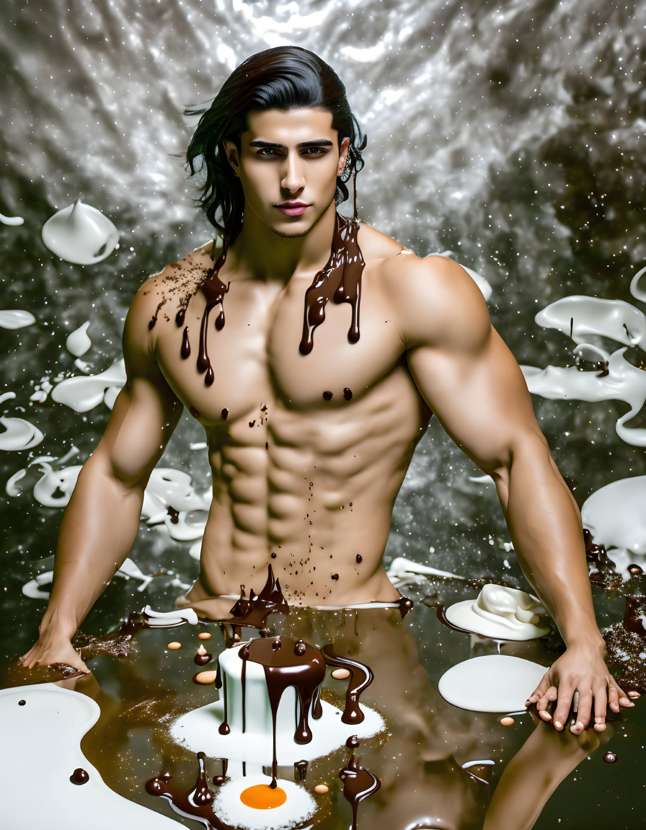 Muscular man covered in chocolate with milk splashes and cookies.