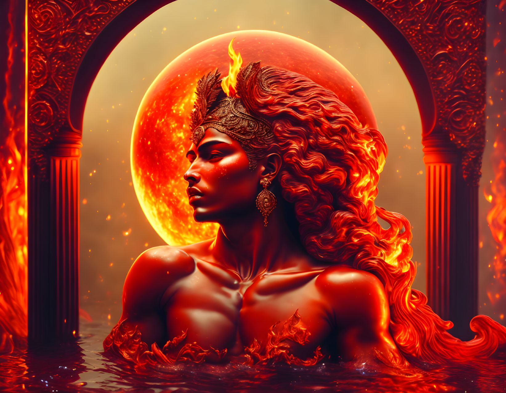 Fantasy illustration of woman with flaming hair and burning crown in lava under red moon