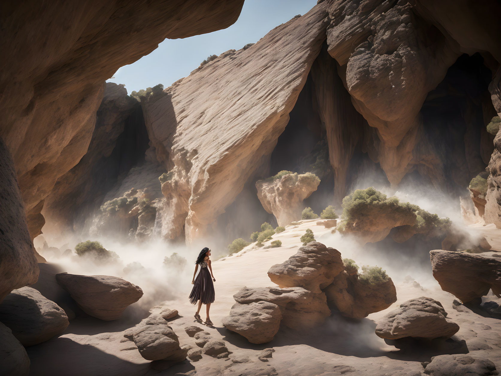 Person standing in cavernous desert landscape with sunlight filtering through, creating mystical ambiance.