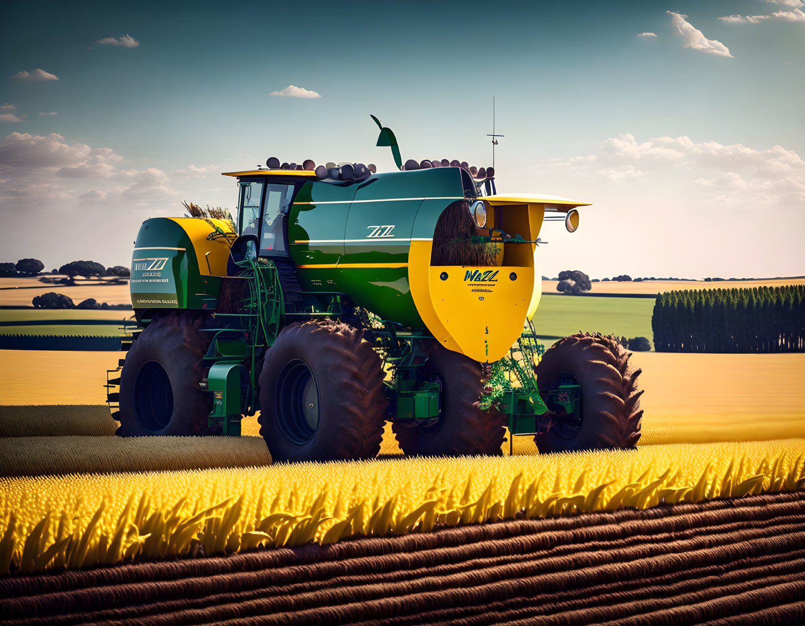 Vibrant green and yellow agricultural sprayer in golden crop field