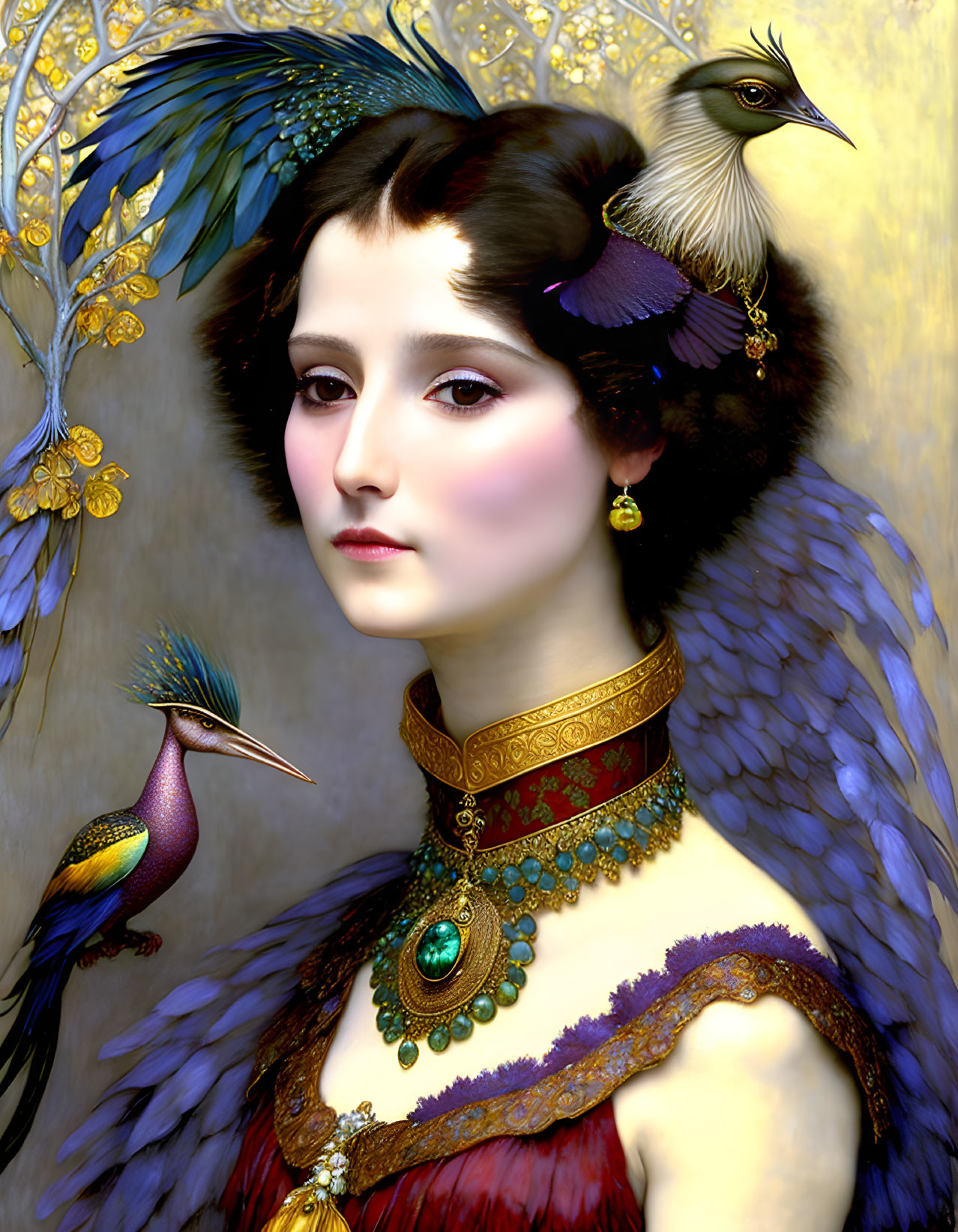 Portrait of Woman with Bird-like Features and Rich Color Palette