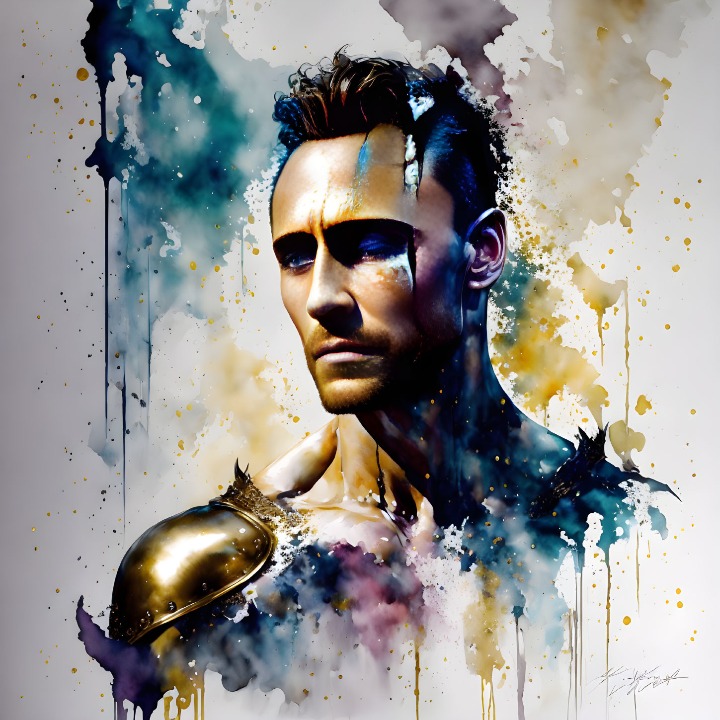 Contemplative man in digital painting with sharp details and gold-purple watercolor drips