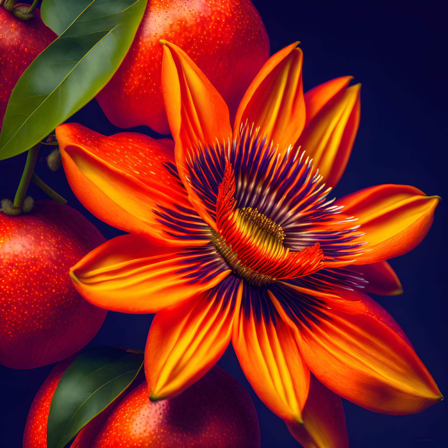 Detailed orange passion flower with stamens on dark blue background, green leaves, ripe fruits