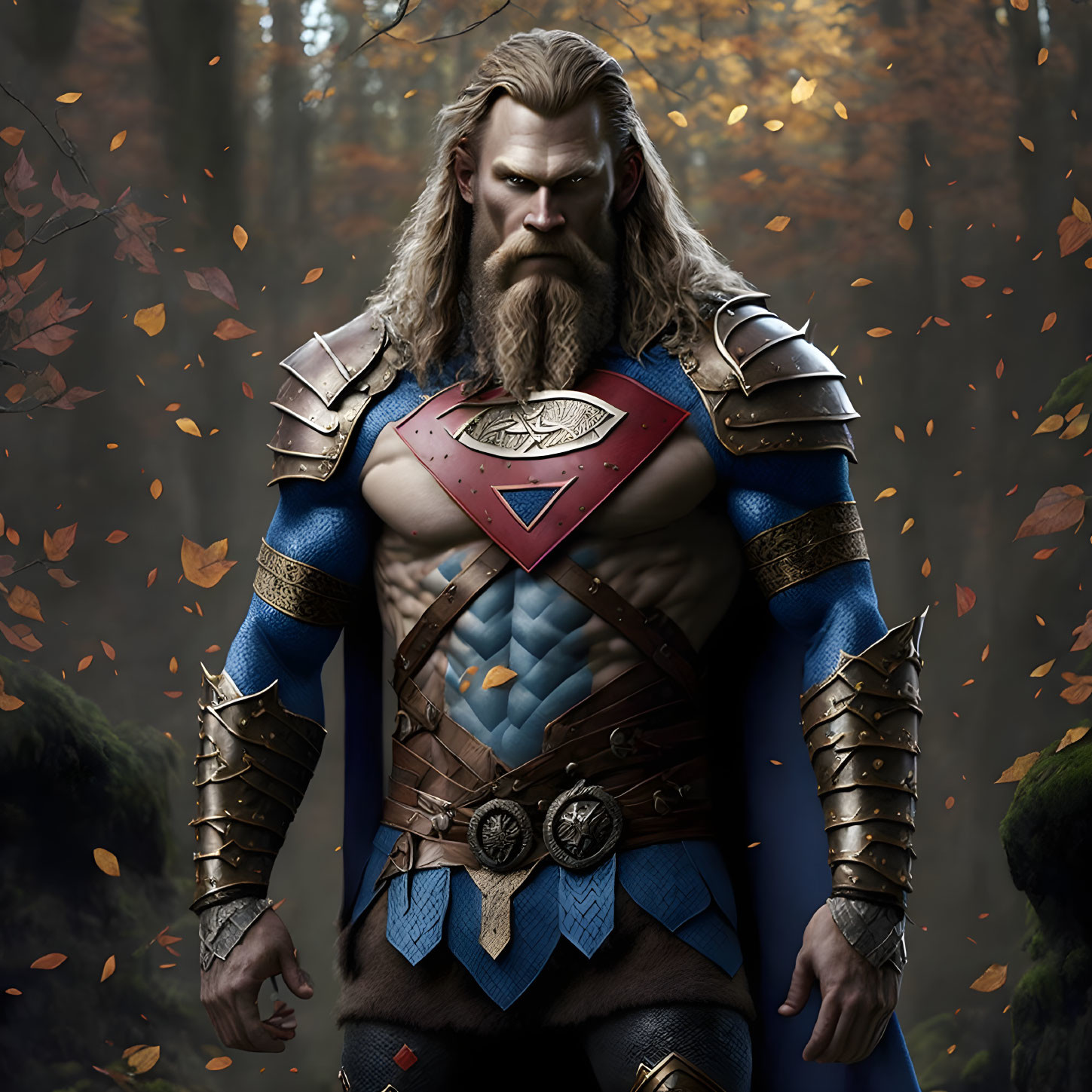 Muscular fantasy warrior in ornate armor in autumn forest.