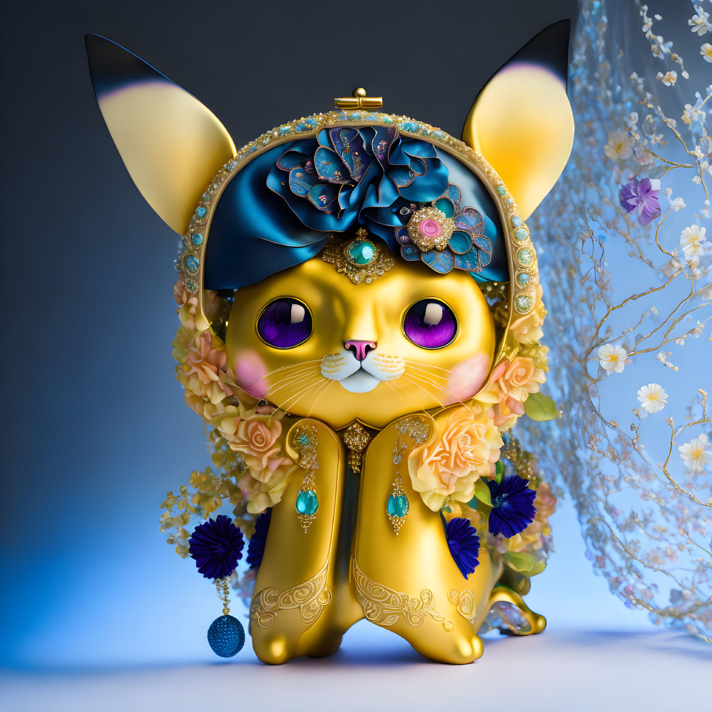 Golden Cat-Shaped Purse with Violet Eyes and Floral Decorations