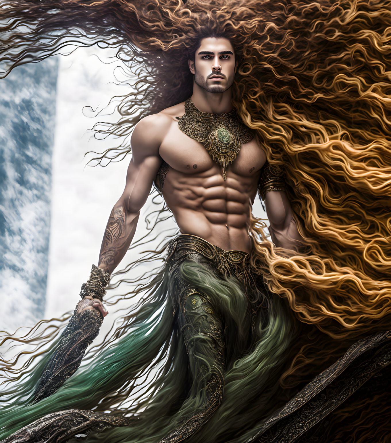 Muscular shirtless man with fiery hair and tattoos in fantasy attire.