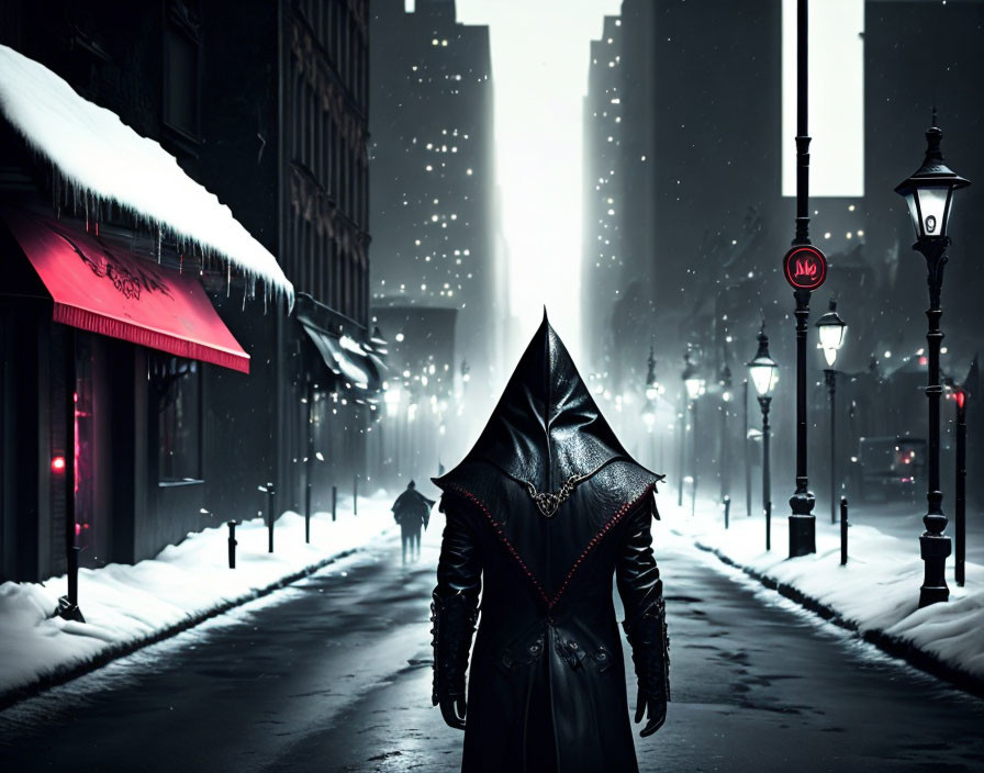 Mysterious figure in black cloak on snowy city street at night