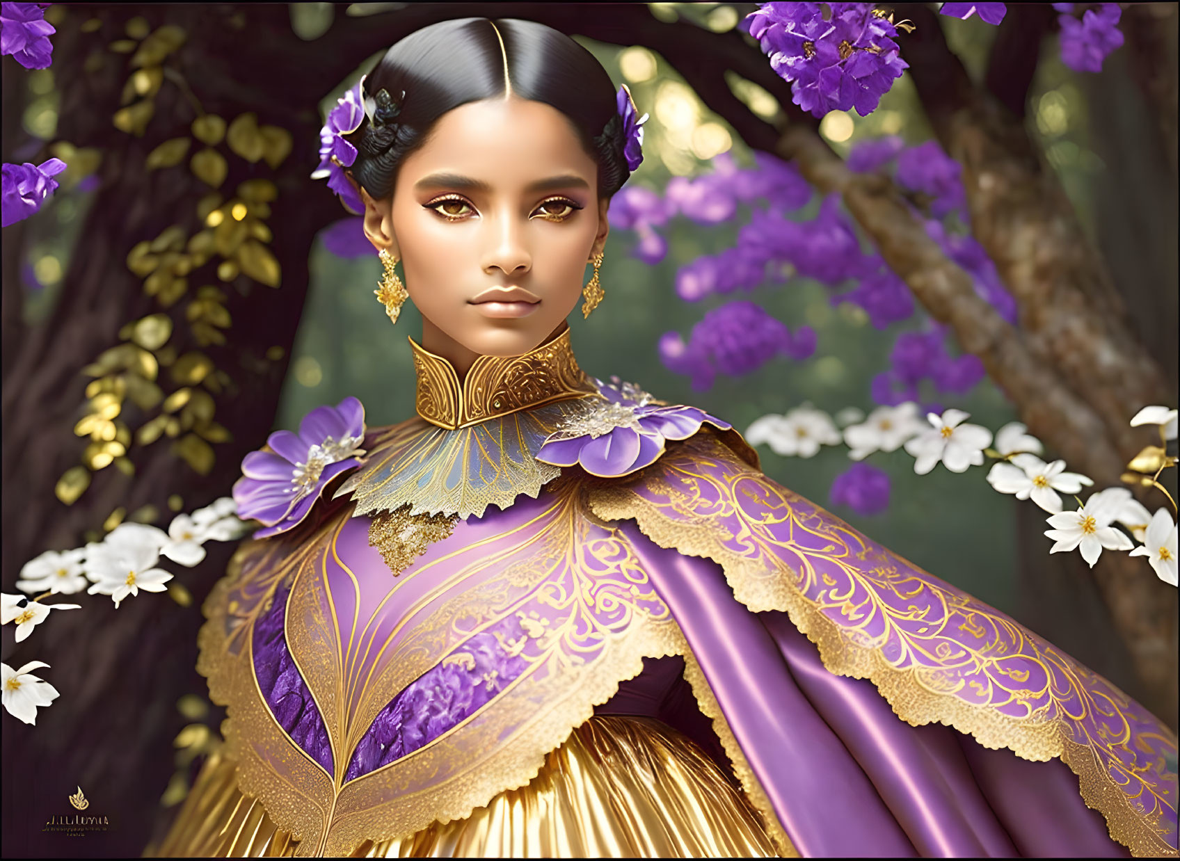 Illustration of woman in regal purple and gold dress with stylized makeup among floral backdrop