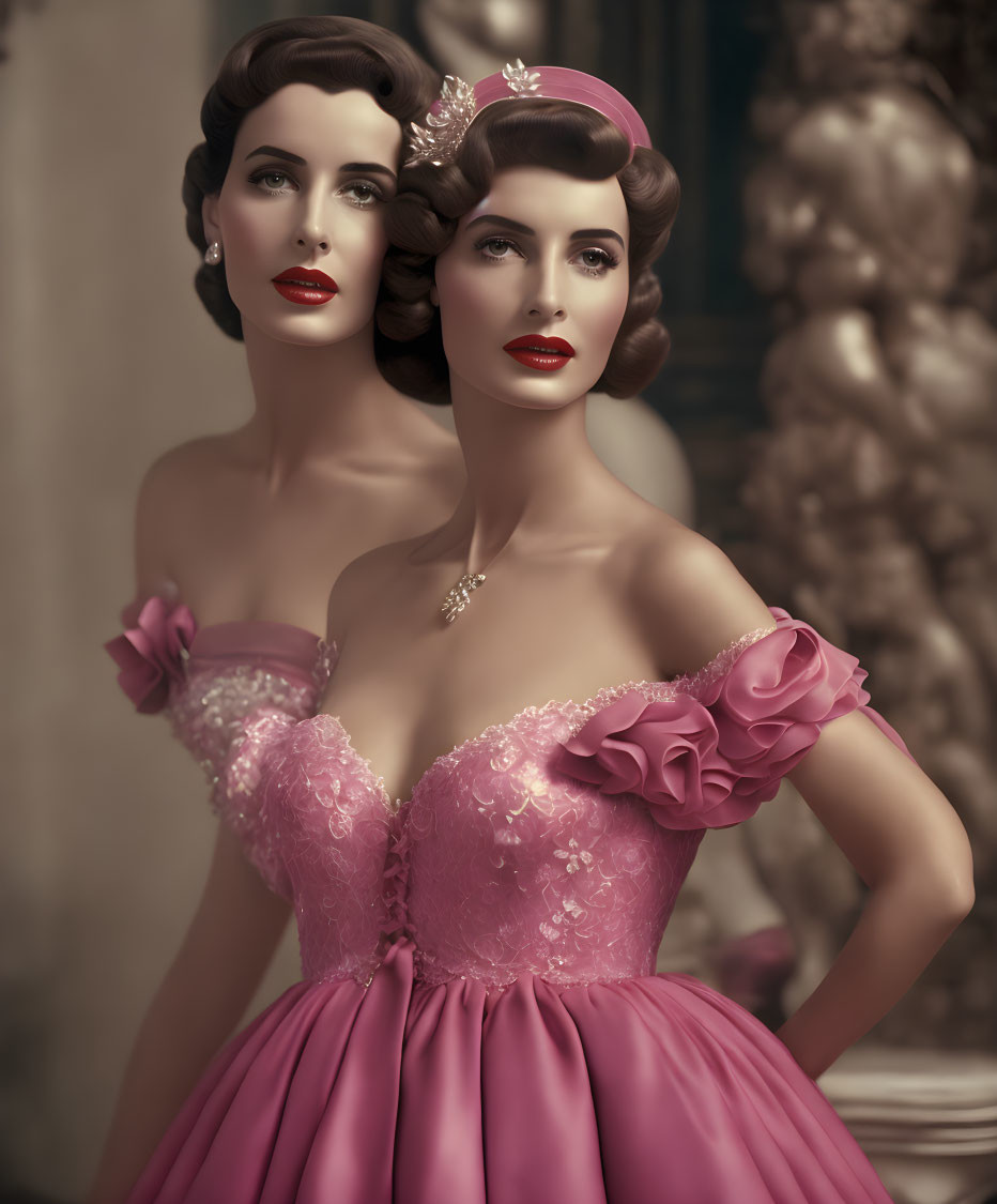 Vintage Pink Gowns: Elegant Women in Classic Hollywood Style