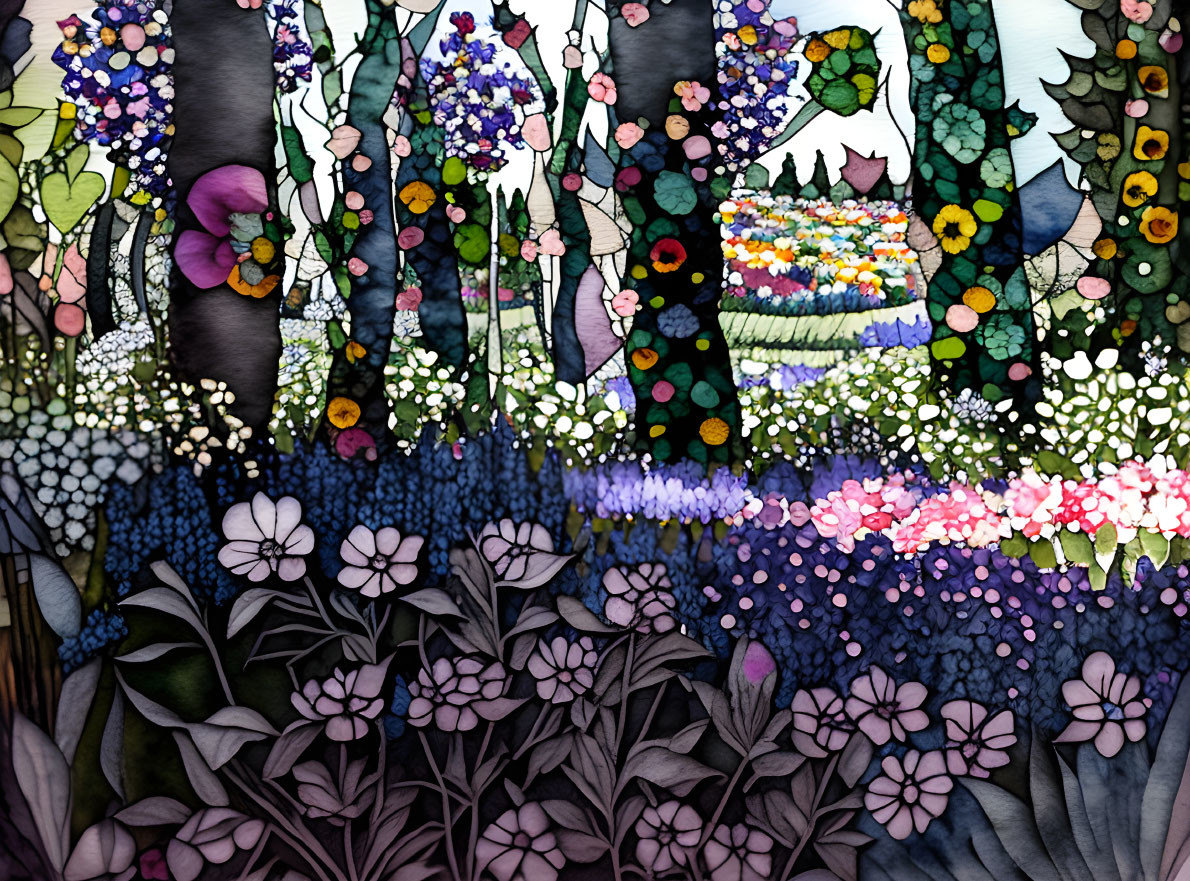 Colorful Flower Garden Illustration with Intricate Details