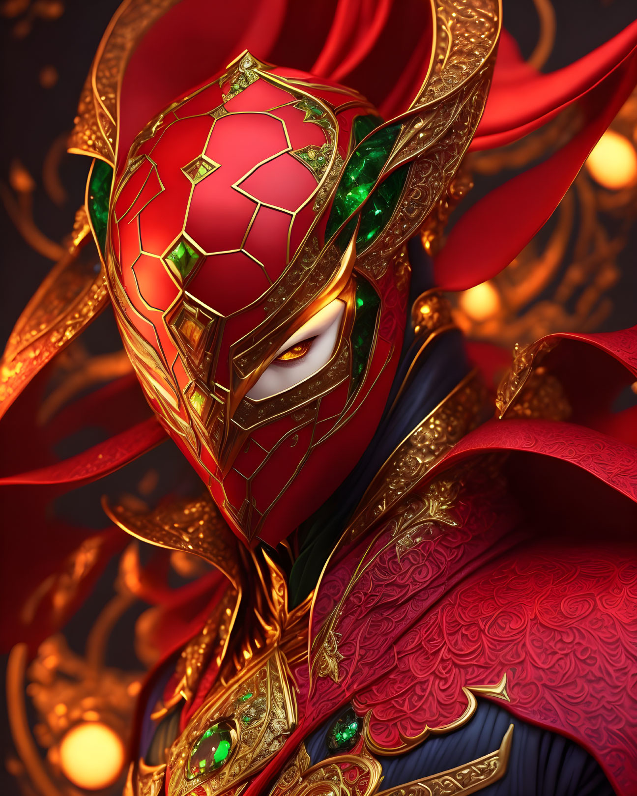 Detailed Illustration of Character in Red and Gold Mask and Armor