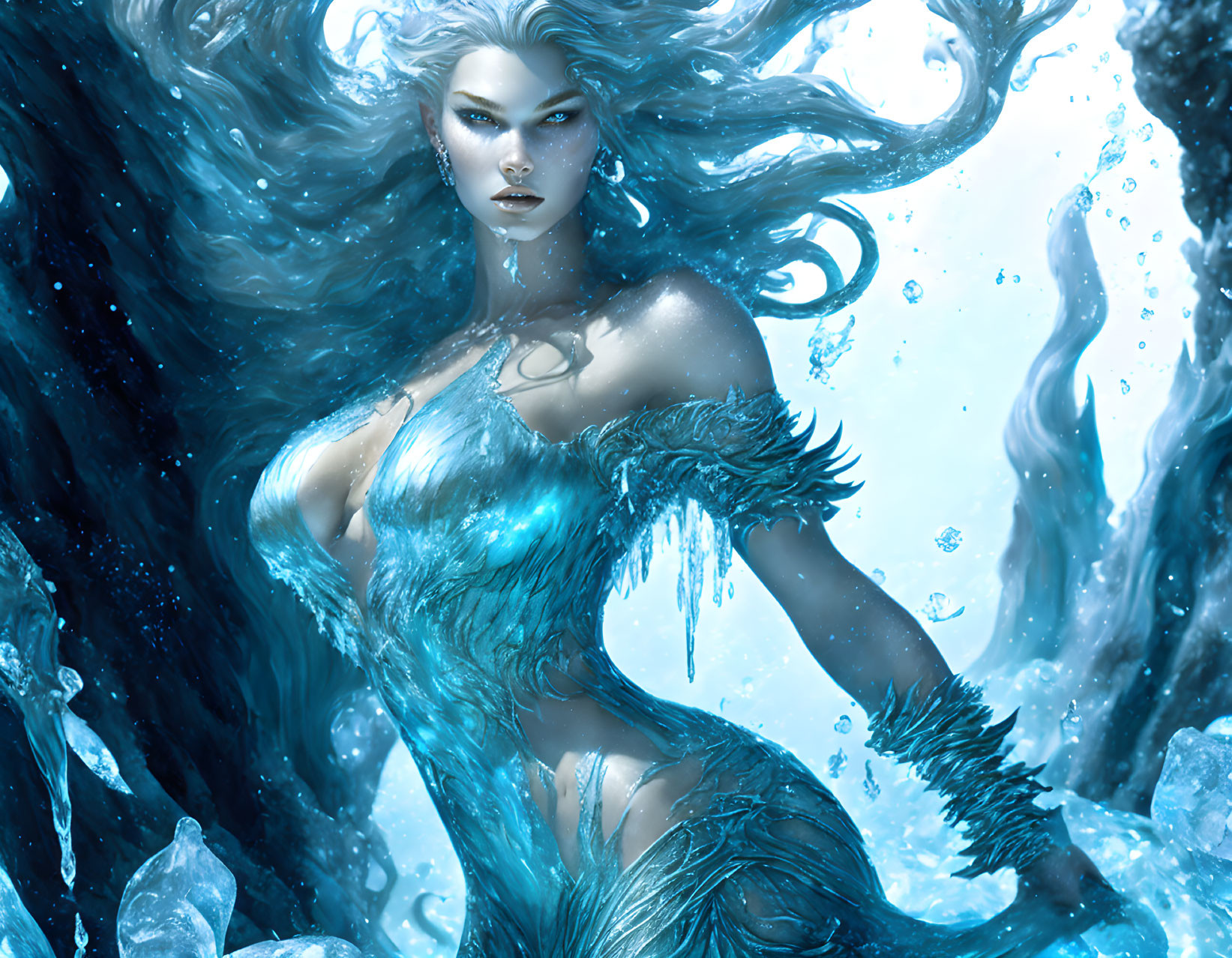 Ethereal woman with blue hair in aquatic gown emerges from water