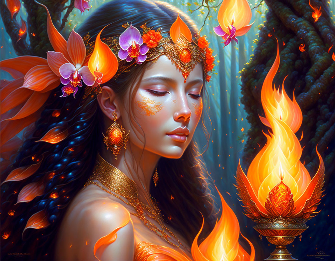 Fantasy artwork of woman in orange and gold with floral headpieces by fiery chalice in enchanted forest