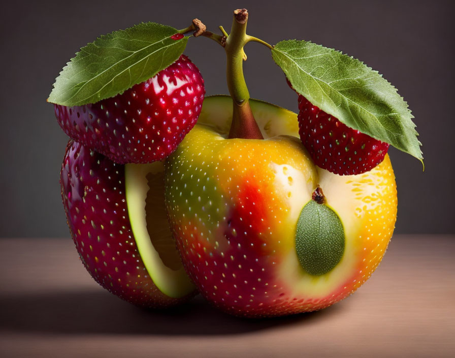 Fruit-textured apple with leaves and stem on wooden background