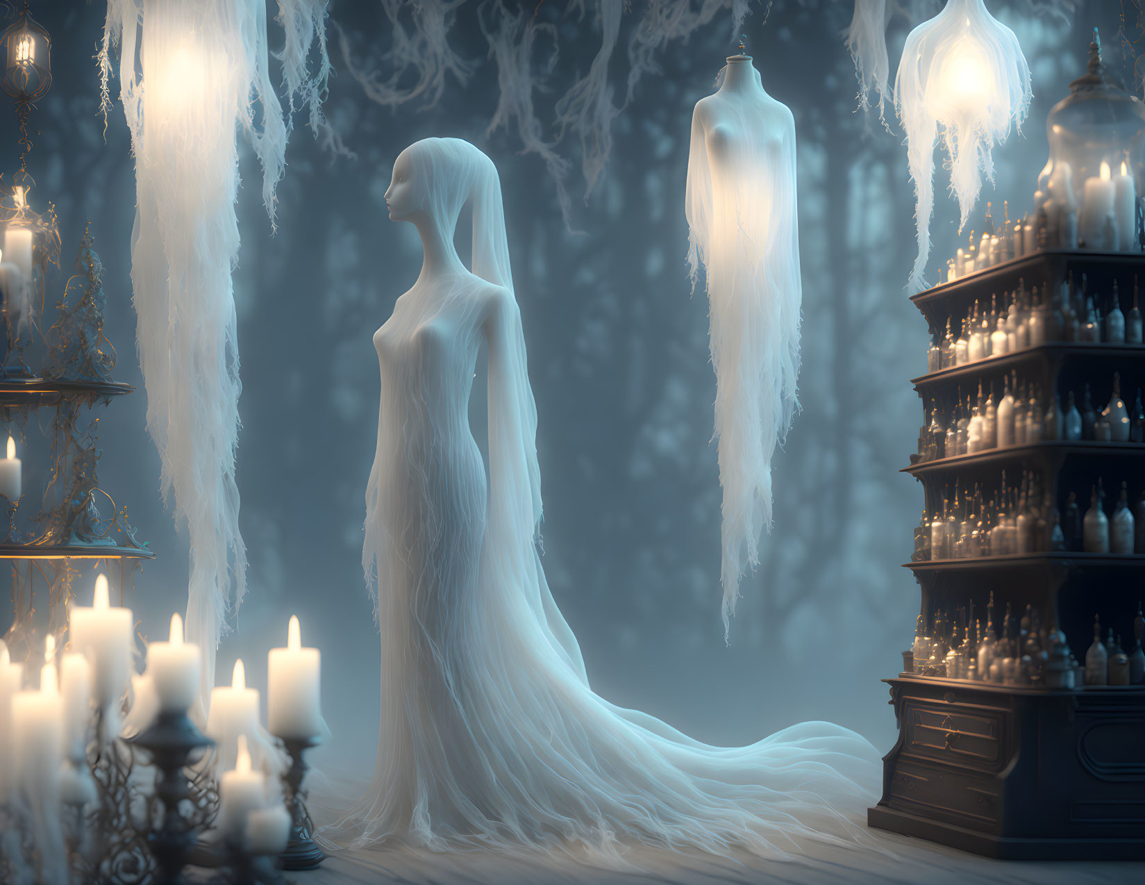 Ethereal ghostly figures in candlelit room with ornate furniture