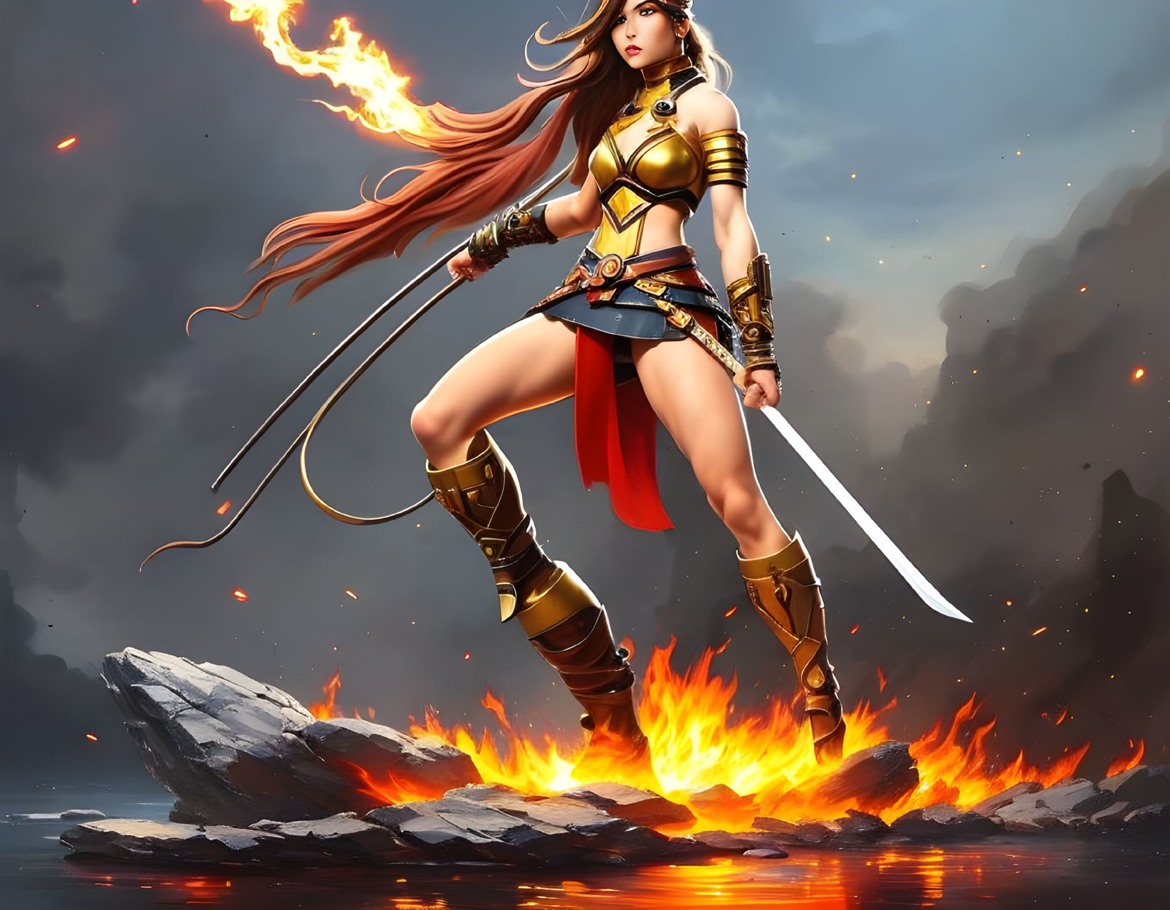 Digital artwork: Female warrior in golden armor with sword in fiery setting