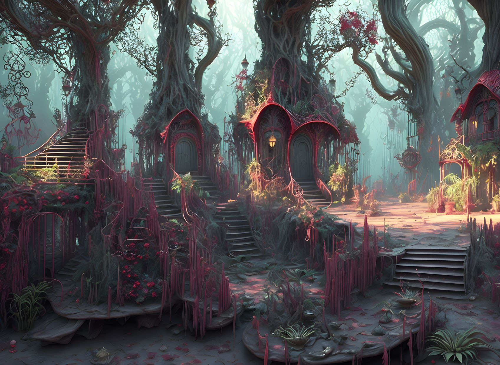 Whimsical treehouses in enchanted forest with pink flowers