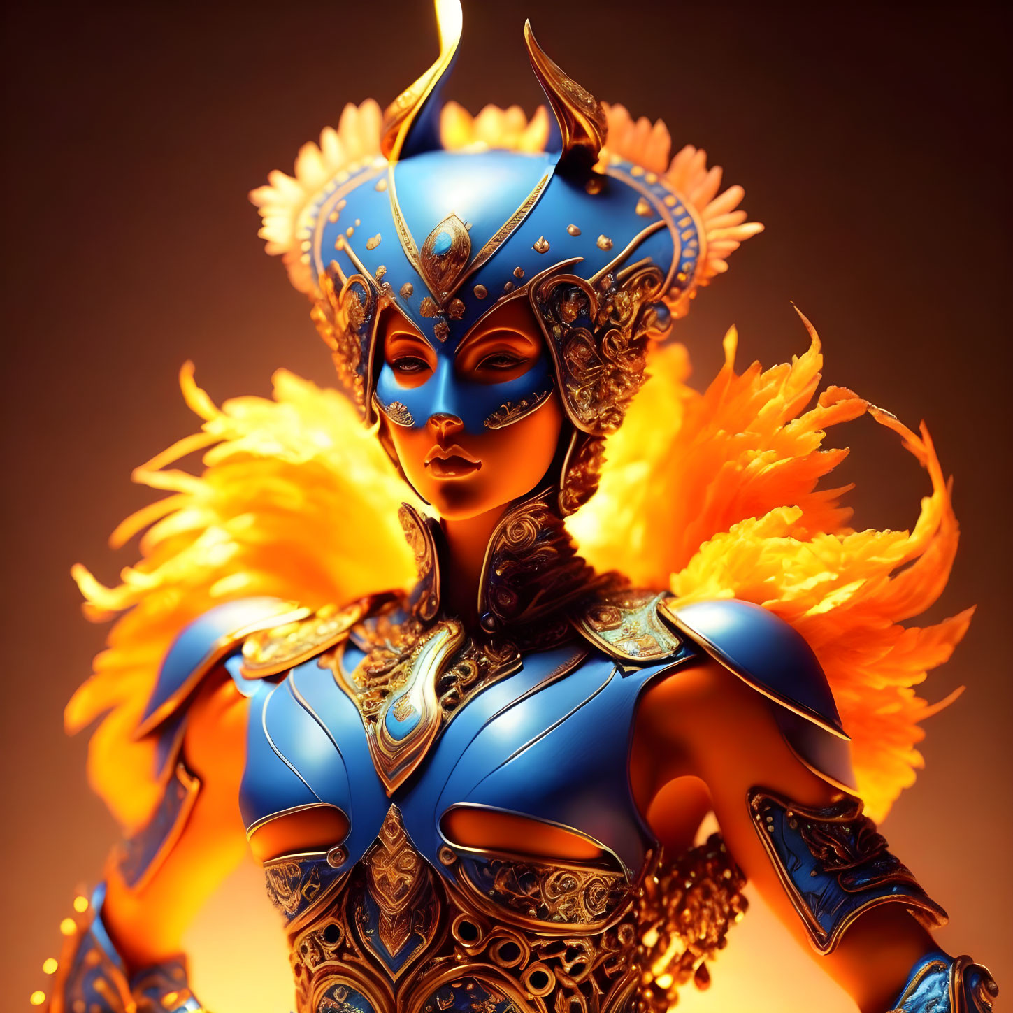 Blue-skinned female character in ornate golden-blue armor with blazing orange flames