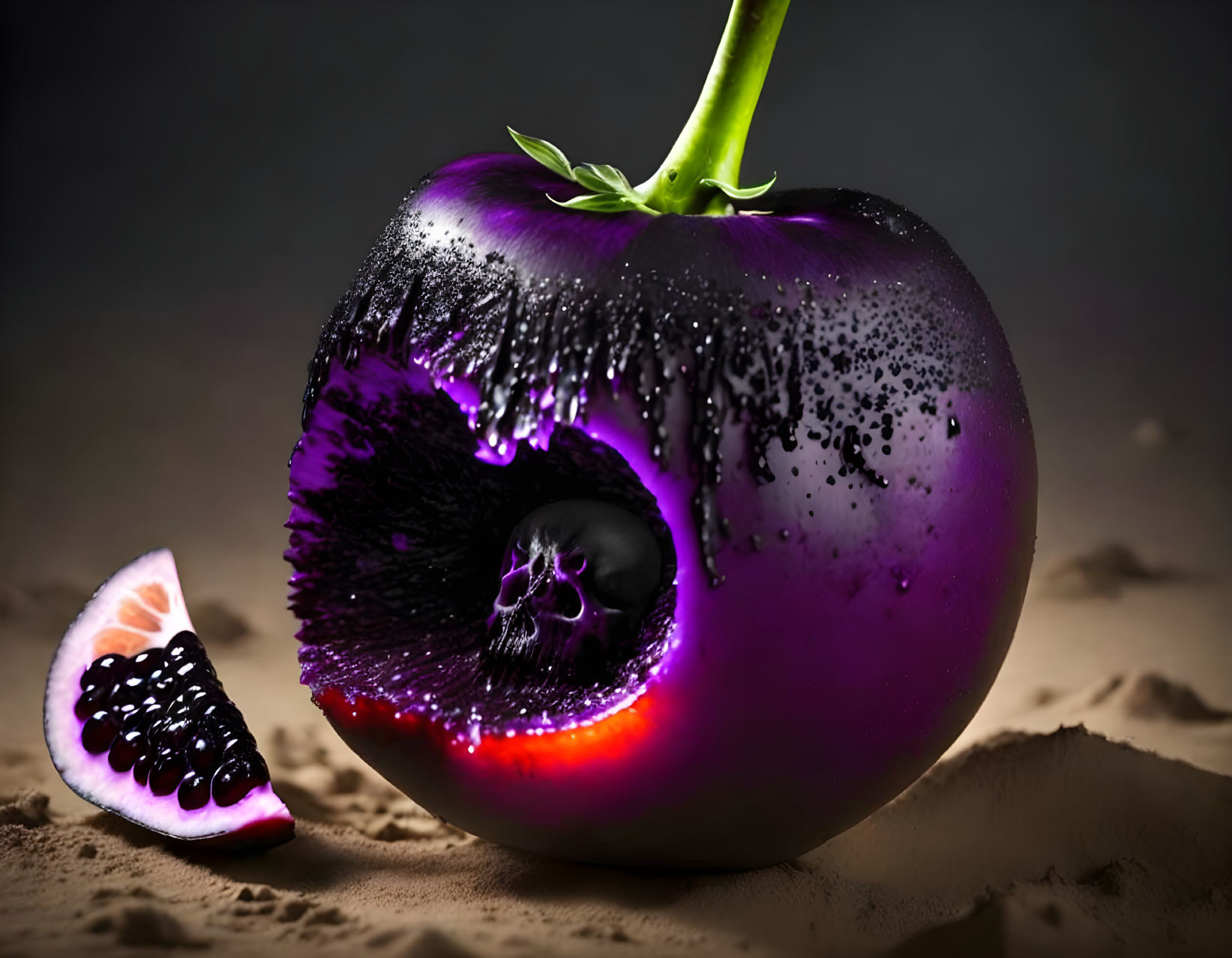 Surreal image: Large purple tomato merging with pomegranate on sandy ground