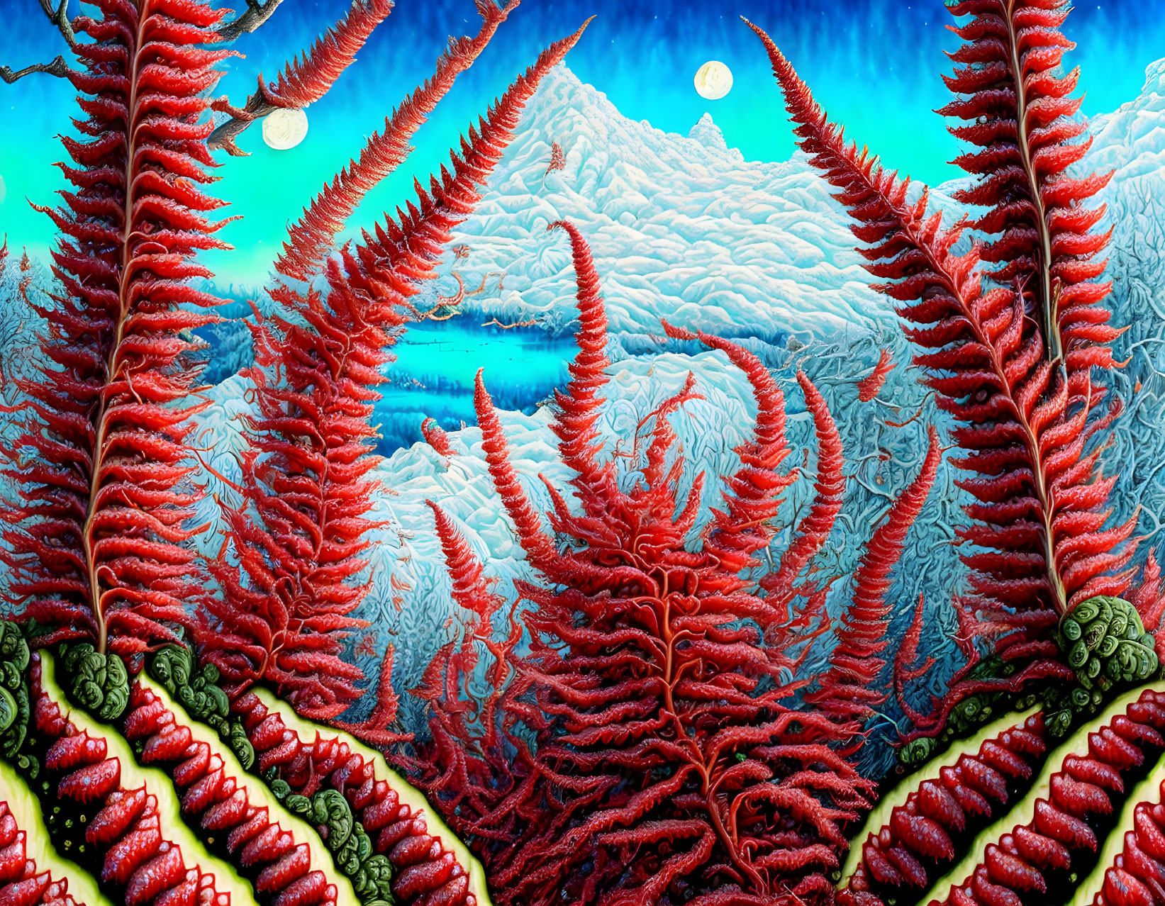 Surreal landscape: red fern-like plants, blue mountains, dual moons, cyan sky