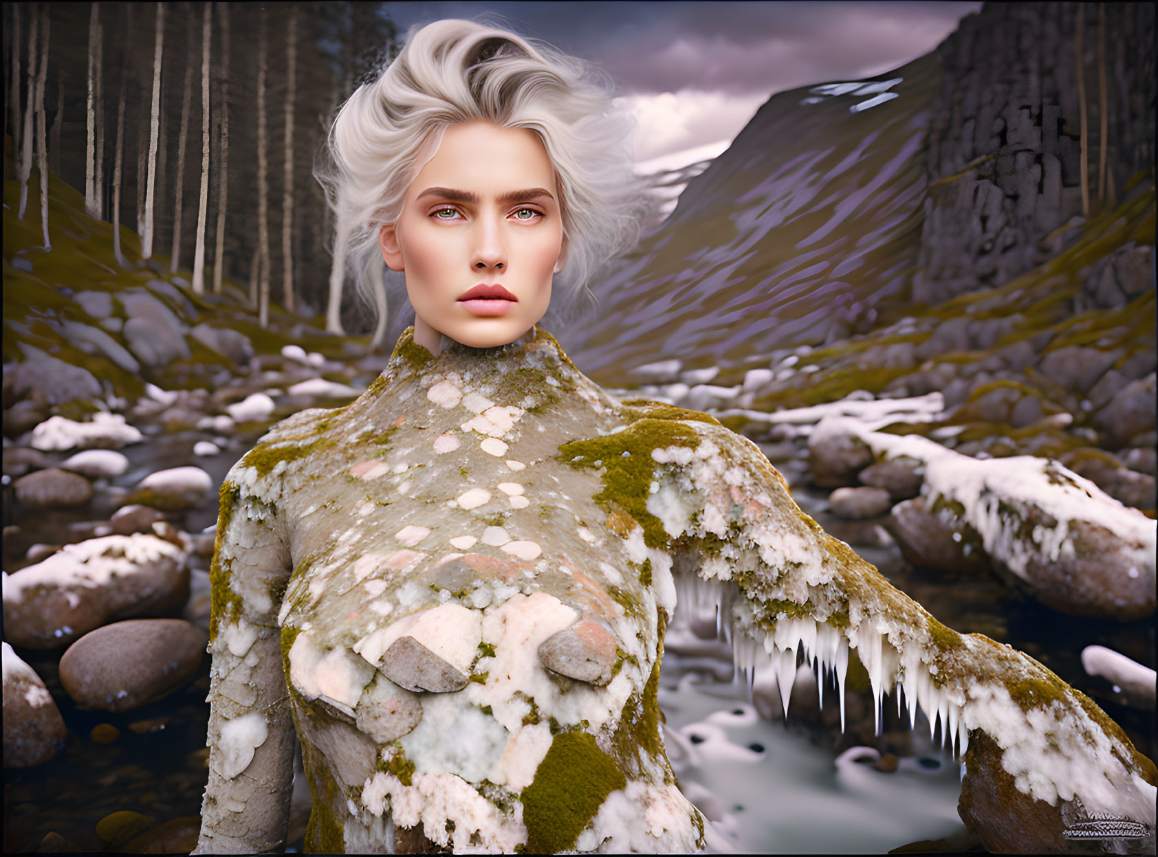 Digital artwork featuring person with porcelain skin and white hair in mossy icy landscape