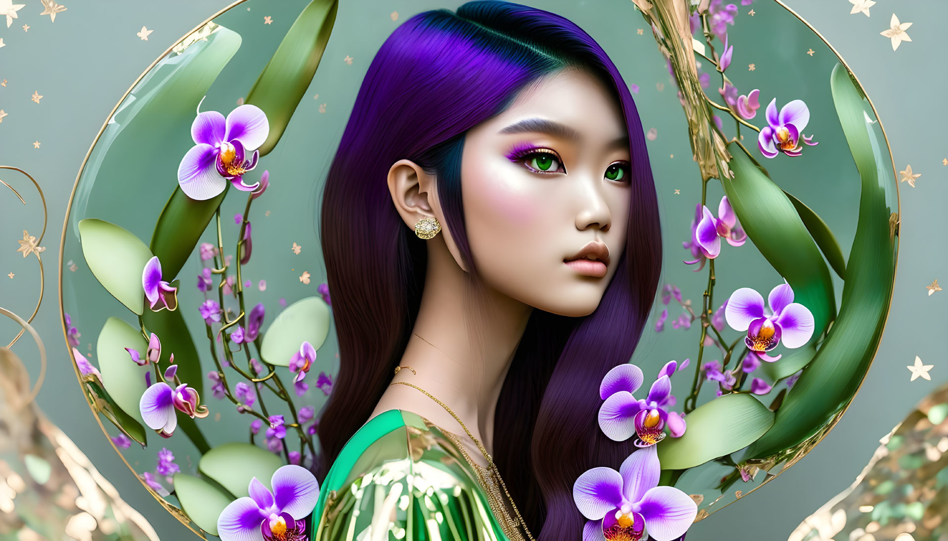 Vibrant digital art featuring woman with purple hair and orchids