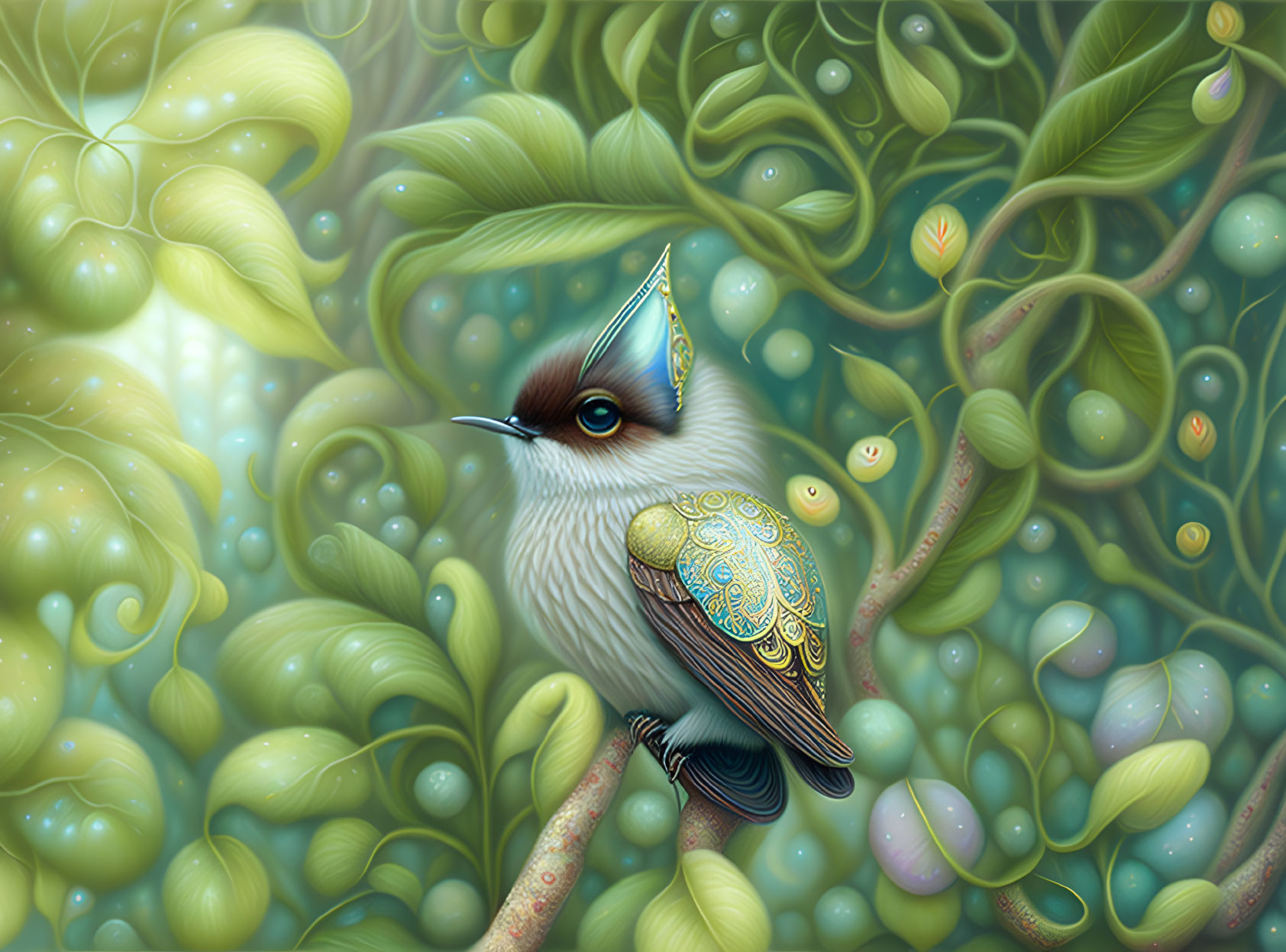 Intricate bird illustration in mystical forest