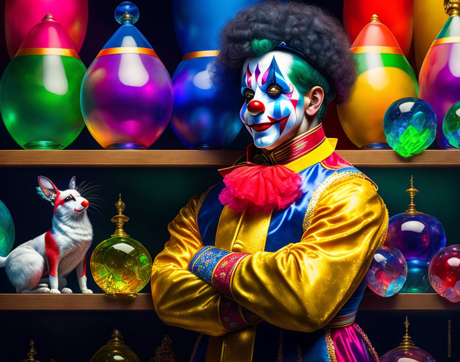 Colorful Clown with White Cat Surrounded by Bright Glass Orbs and Hourglasses