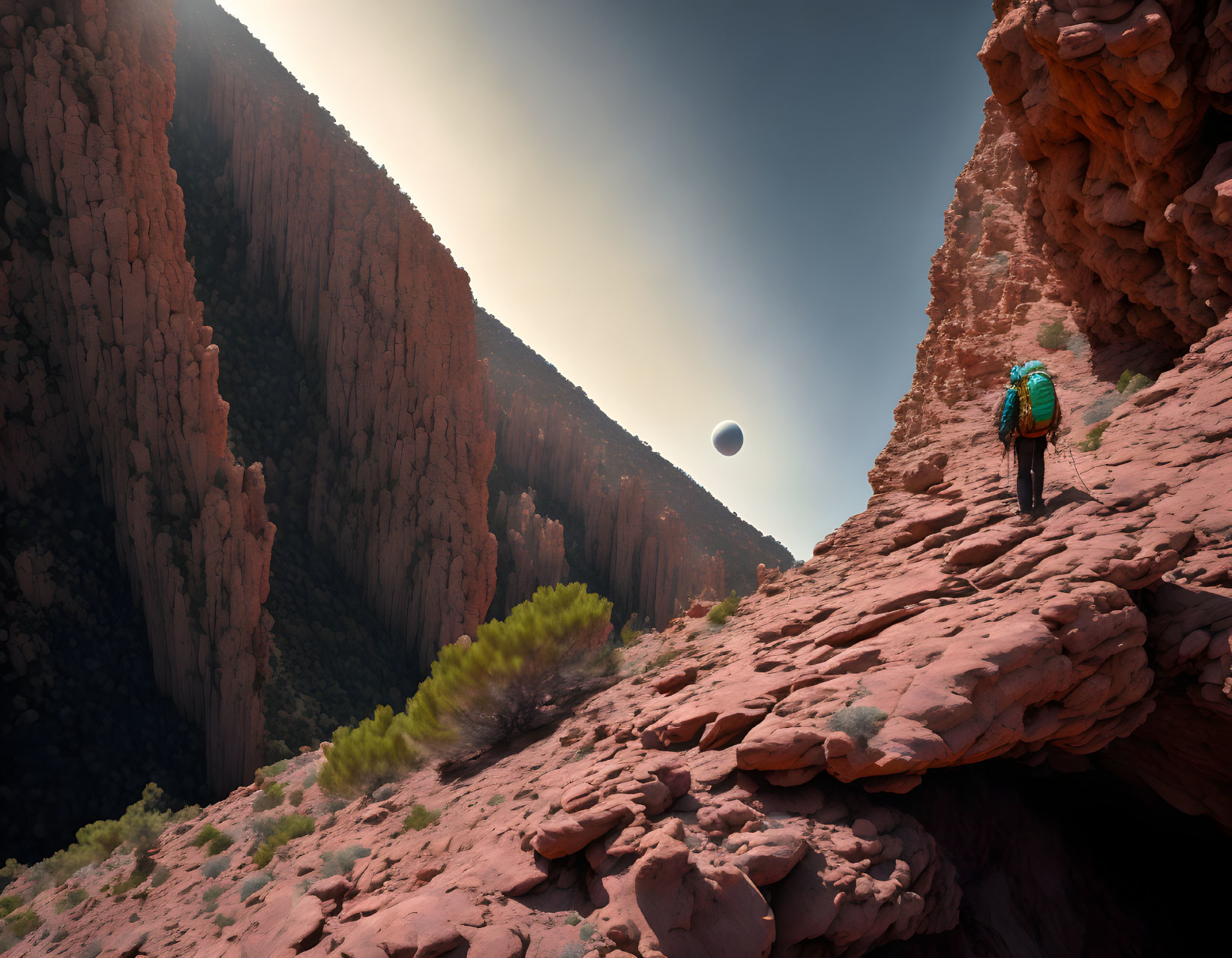 Hiker on rocky canyon trail views large celestial body in sky