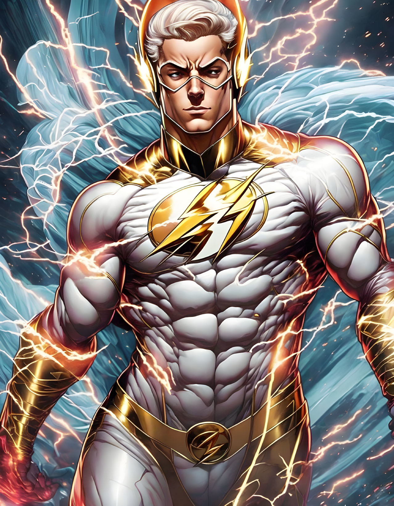 Muscular superhero with lightning bolt emblem in white and gold suit surrounded by electricity