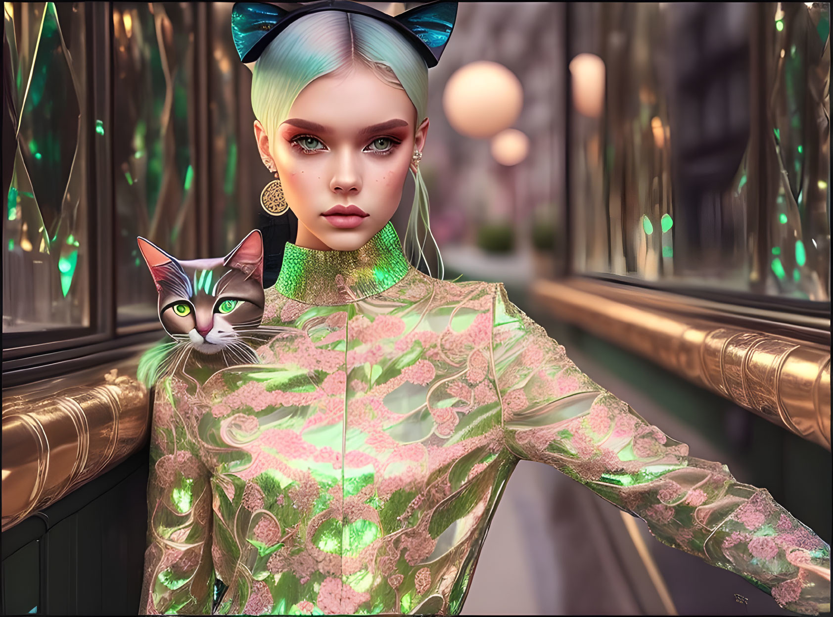 Blue-green haired woman in sheer top with cat in urban setting