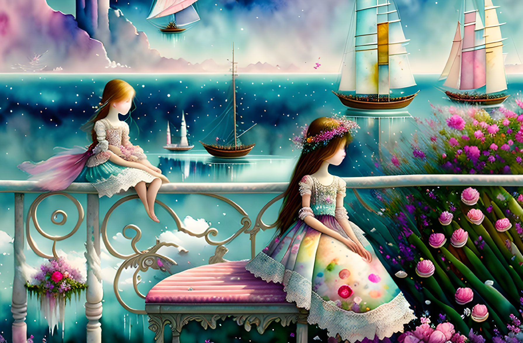 Vintage-dressed girls on floral balcony admire surreal sky-ocean with ships and floating flowers