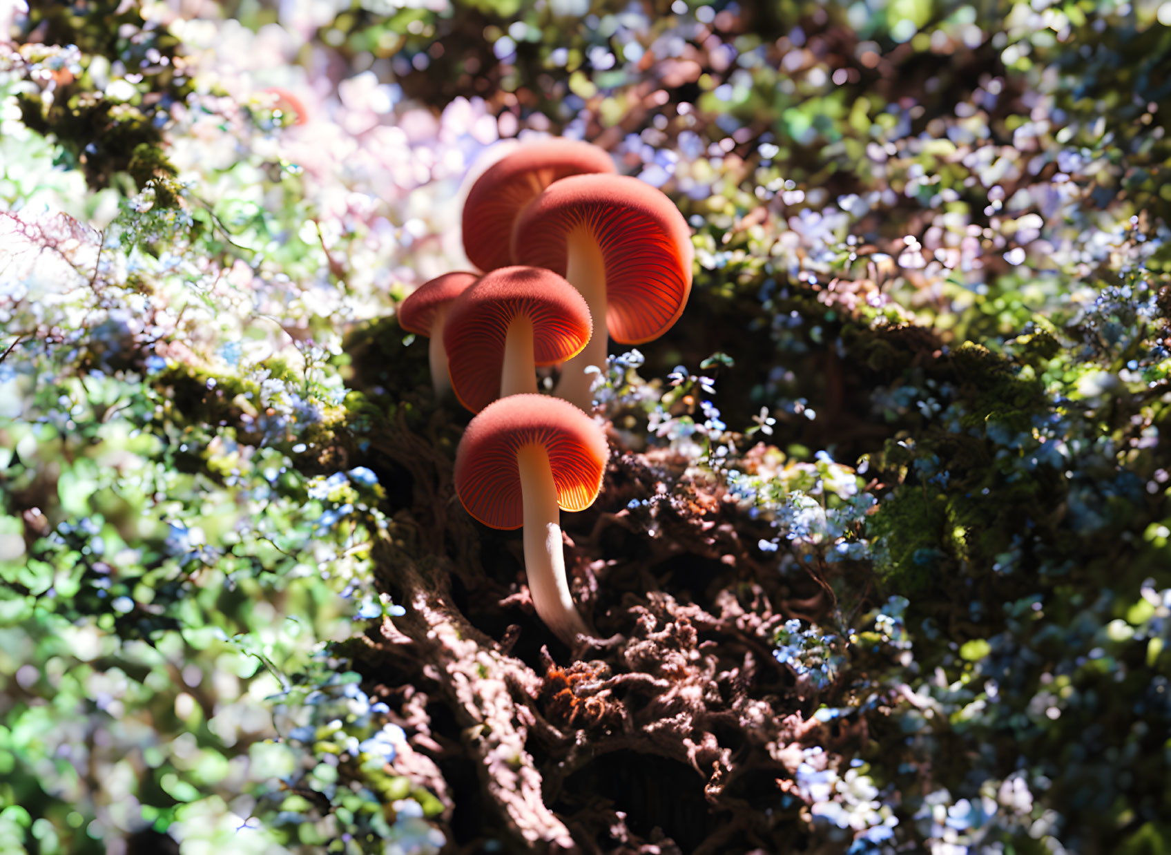 Vibrant red-orange mushrooms with gills on moss-covered log in dappled sunlight