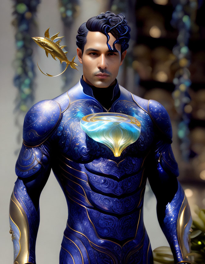 Man in ornate blue bodysuit with golden fish, stylized hair, and mystical aura