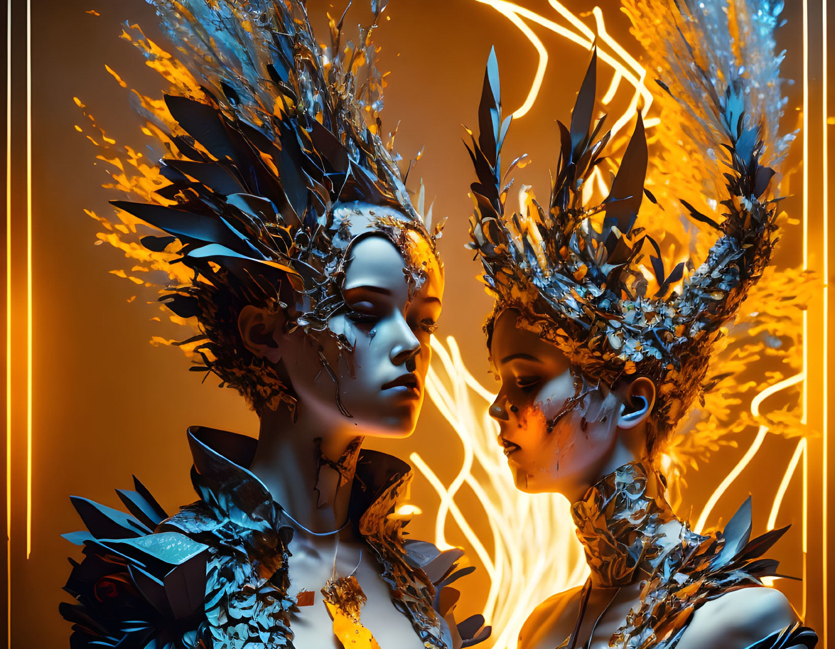 Elaborate golden headpieces and body art on two models in a dramatic pose