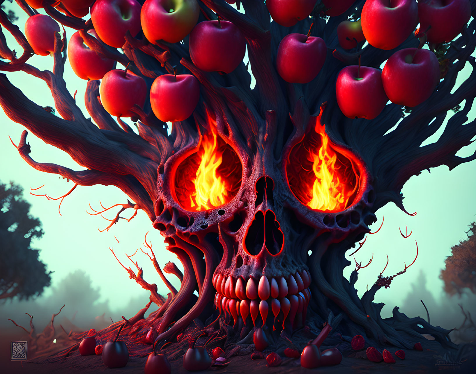 Surreal illustration of skull-shaped tree with fiery eyes and red apples