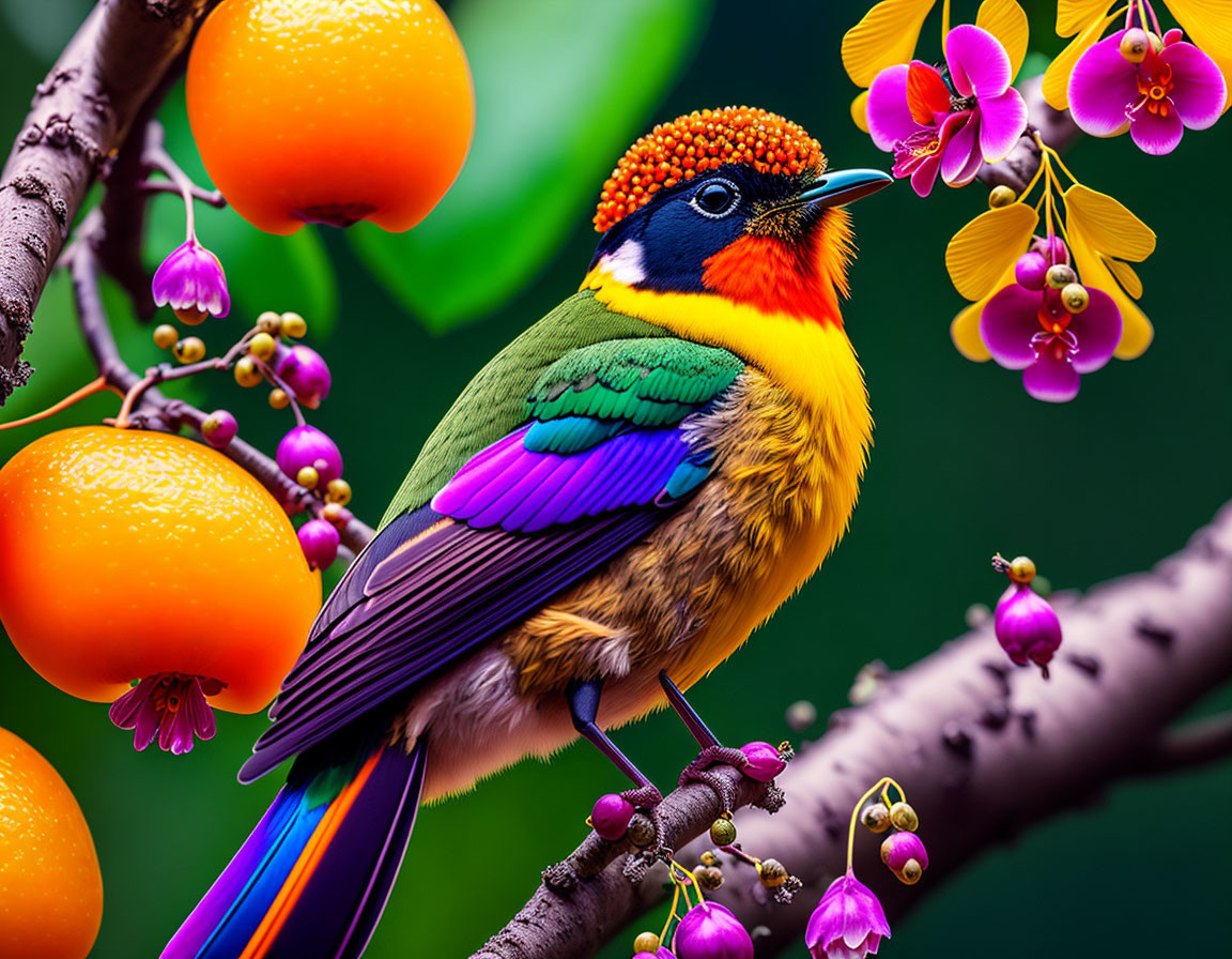 Colorful Bird with Orange Chest and Green Wings on Branch with Fruits and Flowers