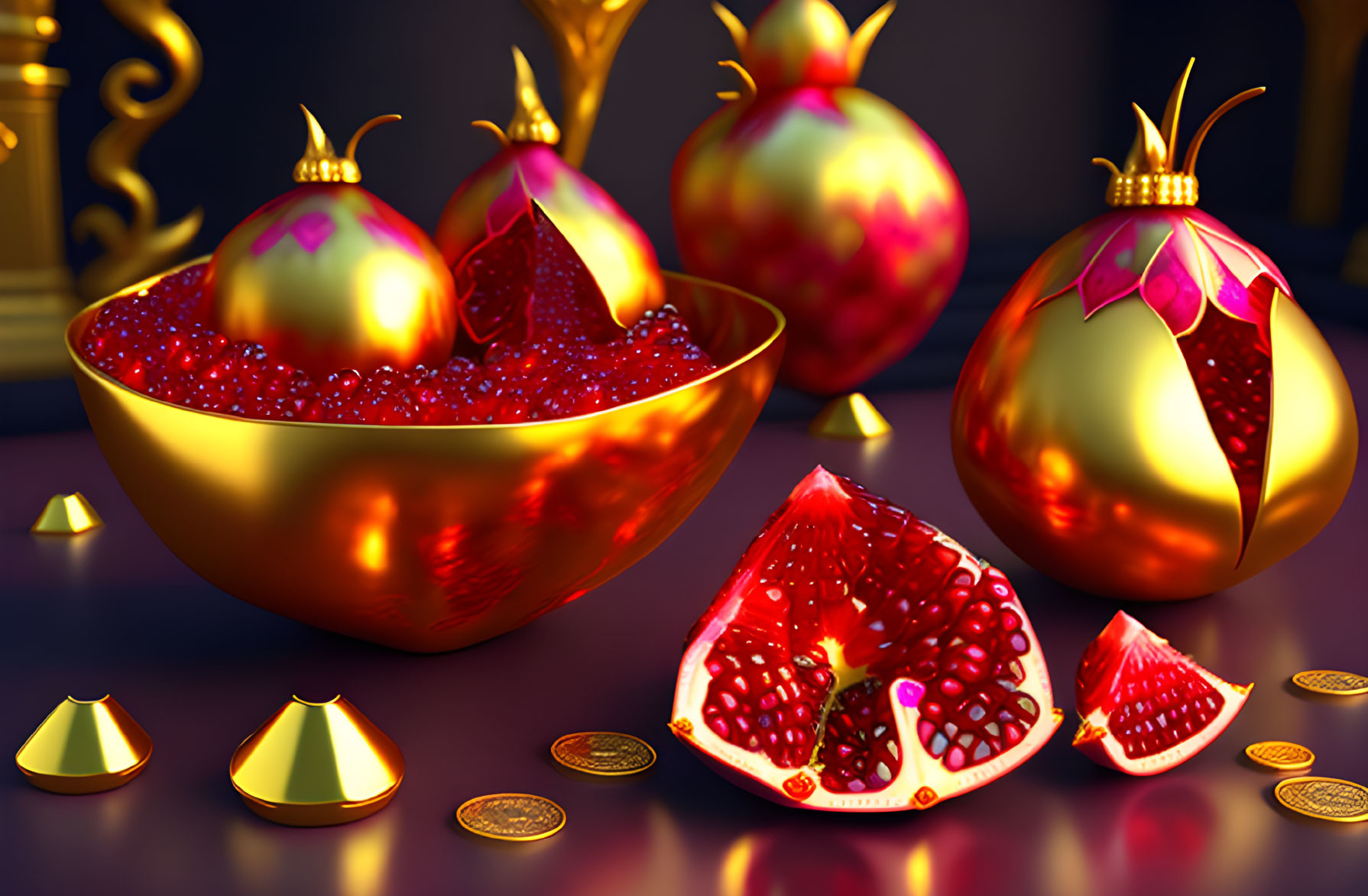 Luxurious golden and ruby fruits and jewels on a dark backdrop