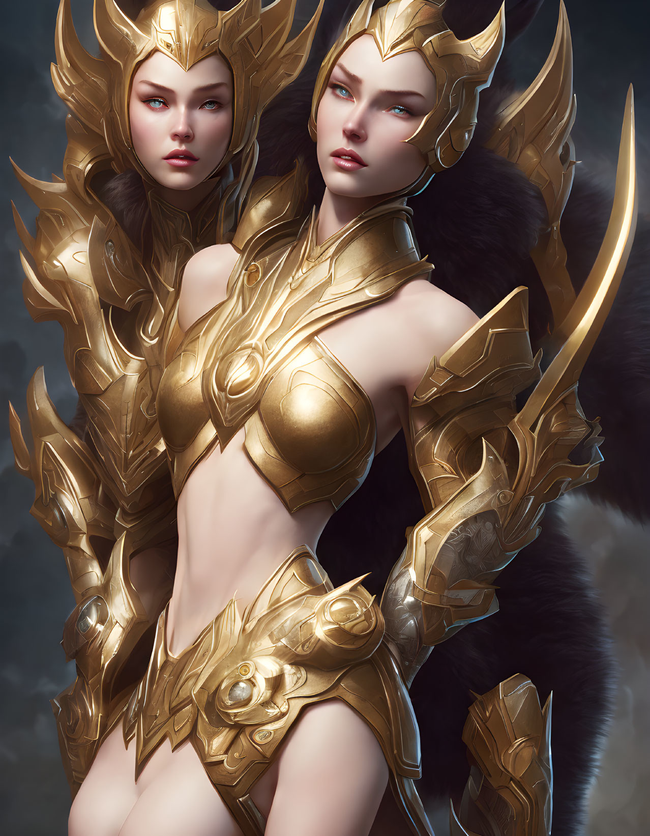 Identical female warriors in golden armor against dark background