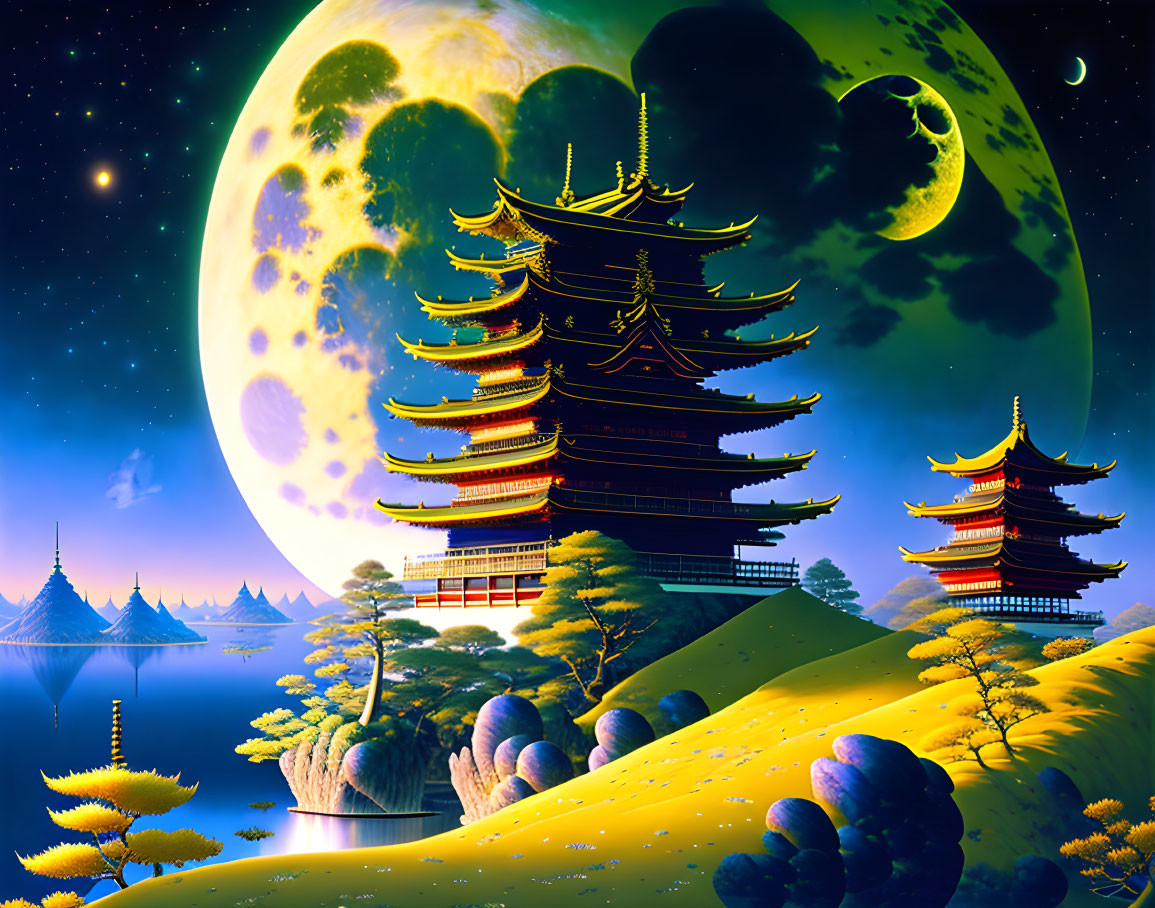 Asian-style pagoda artwork with moon and stars on a nighttime sky