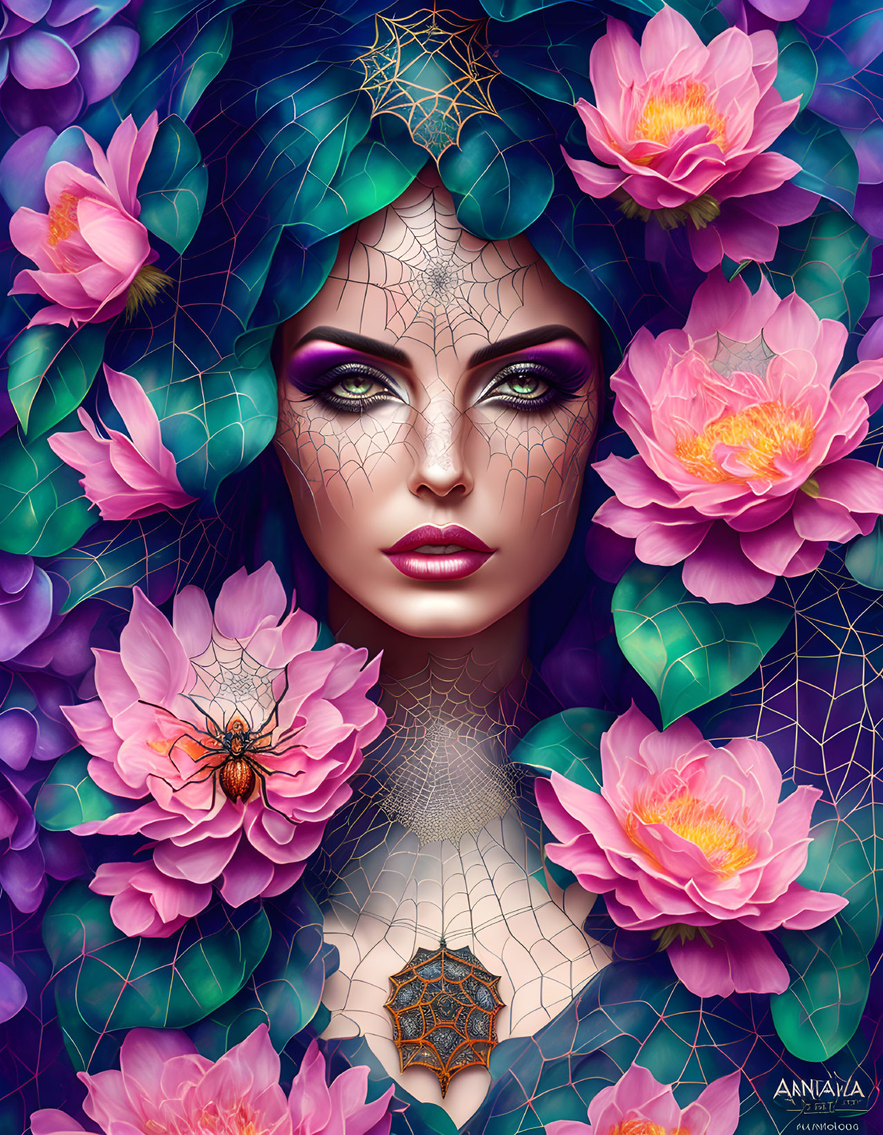 Illustrated woman with violet eye makeup among pink flowers and spiderwebs