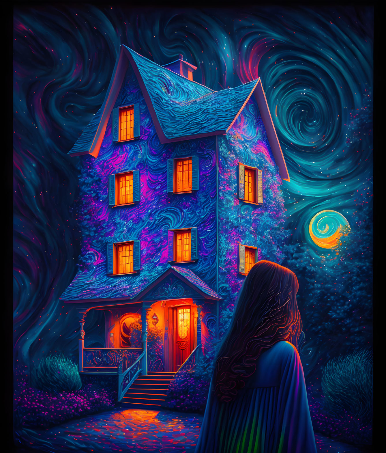 Colorful digital art: woman admiring neon-lit house under starry sky