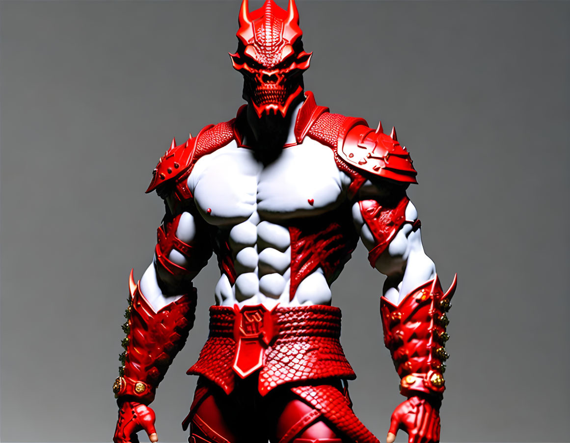 Fantasy character with red and white armor and dragon-like helmet